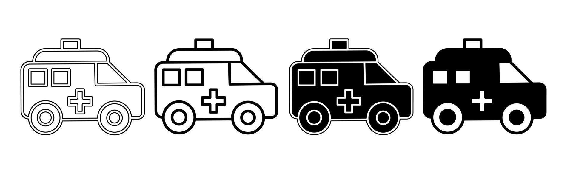 schwarz und Weiß Illustration von ein Krankenwagen. Krankenwagen Symbol Sammlung mit Linie. Lager Vektor Illustration.