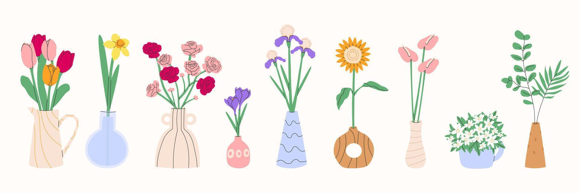 Blume Strauß im Vase.Frühling und Sommer- Blumen, Pflanzen zum Dekoration, Blühen Kräuter isoliert auf Weiß Hintergrund.Dekor abstrakt Keramik Töpfe. Vektor Illustration eps 10