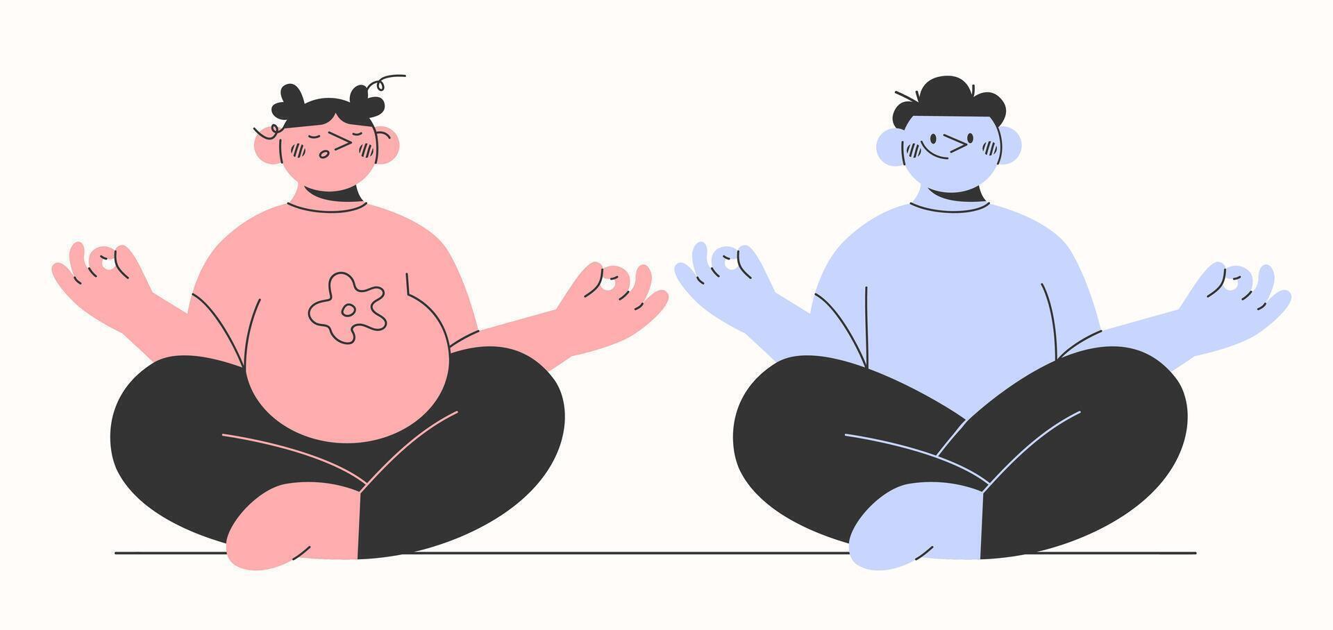 ung föräldrar, familj håller på med prenatal yoga.koncept graviditet, familj, moderskap, föräldraskap yoga. hand dragen tecknad serie stil tecken.vektor illustration eps 10 vektor