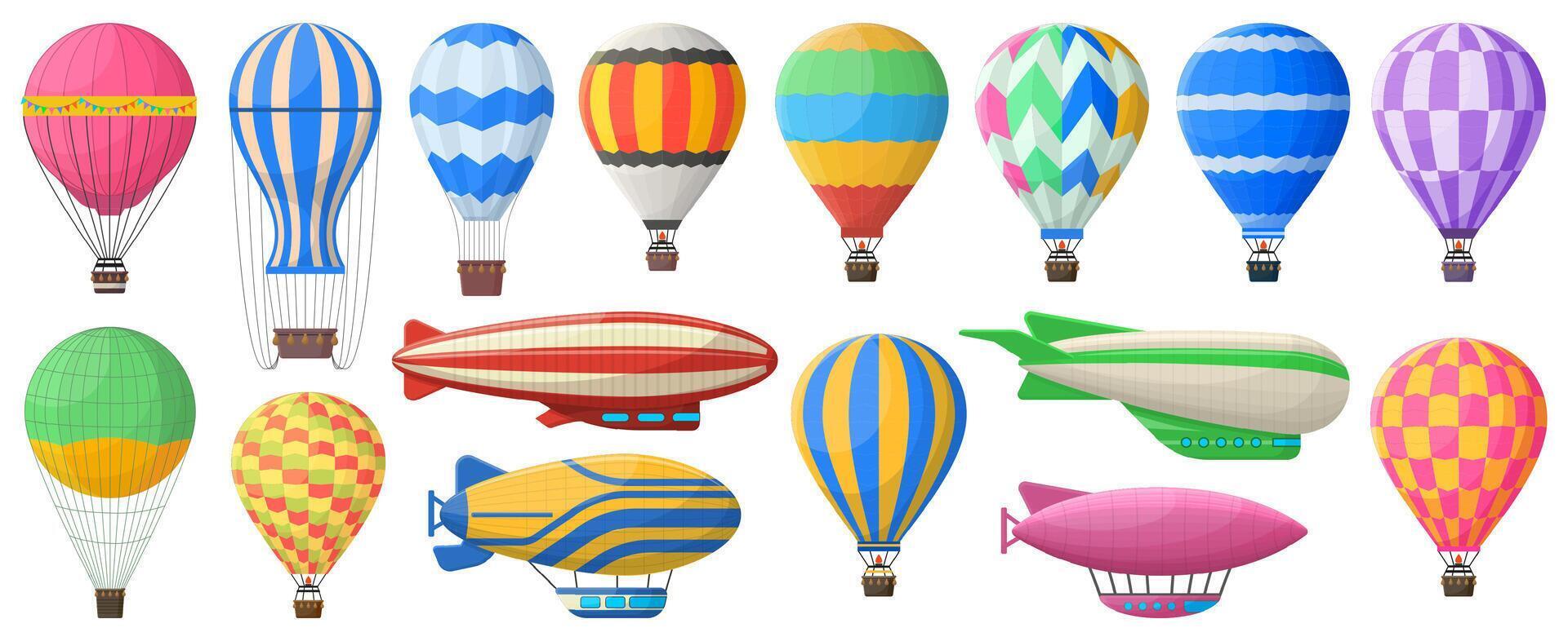 varm luft ballong, flygande årgång aerostat och luftskepp. årgång himmel transport, luft resa flygande aerostat vektor symboler uppsättning. retro luftskepp och varm luft ballong