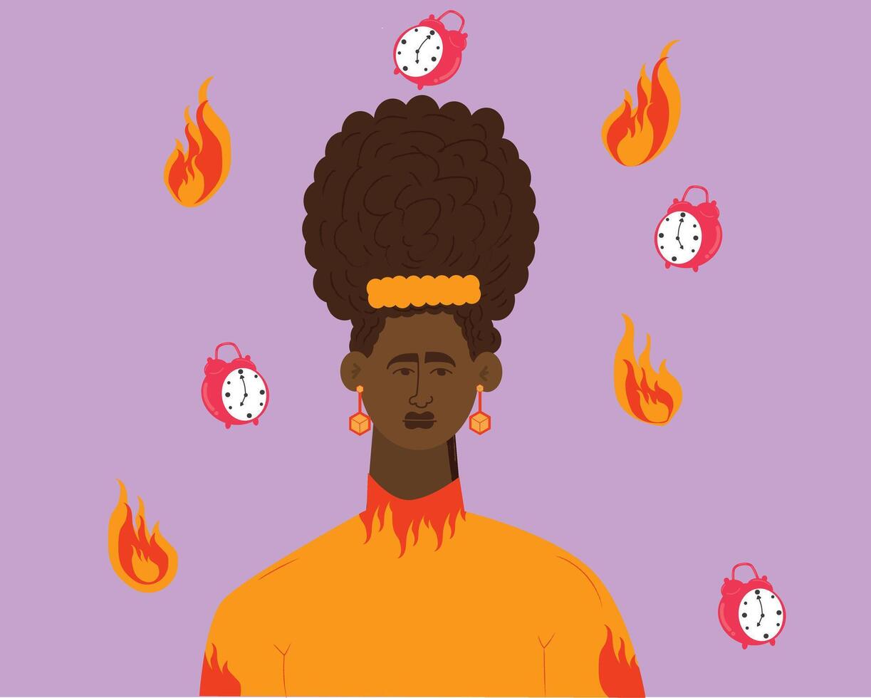 kvinna känsla betonade utmattad, frustrerad, och utbrändhet. afrikansk kvinna arbetssätt över tid på deadline. larm i brand, brinnande clock.vector, illustration vektor