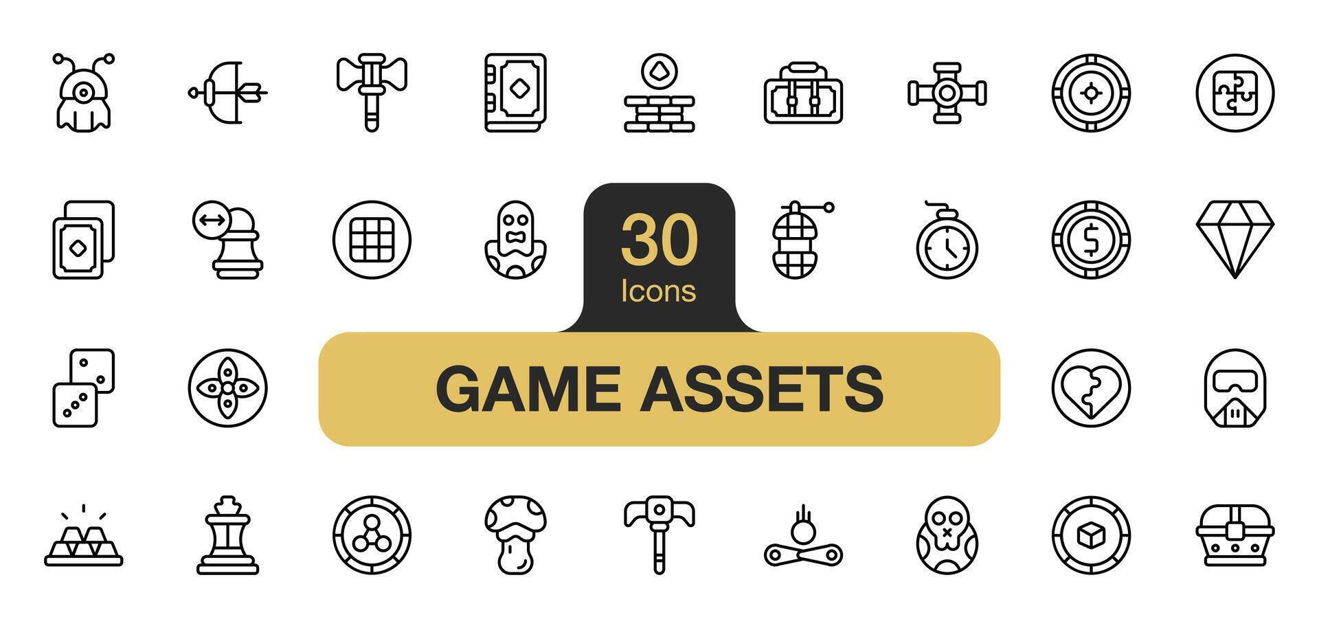 uppsättning av 30 spel tillgångar ikon element set. inkluderar tegel, göt, diamant, tärningar, schackbräde, flipper, utomjording, och Mer. översikt ikoner vektor samling.