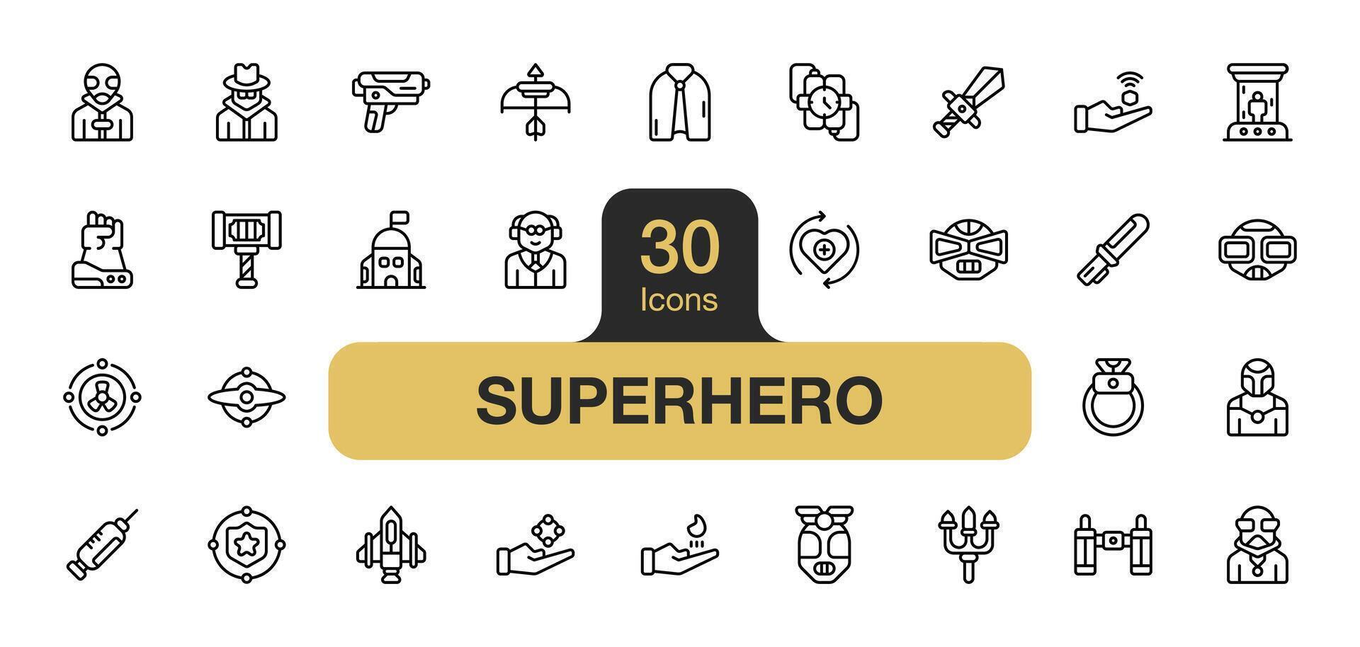 uppsättning av 30 superhjälte ikon element set. inkluderar hammare, skurk, treudd, hjälm, telekines, robot, teleportera, svärd, och Mer. översikt ikoner vektor samling.