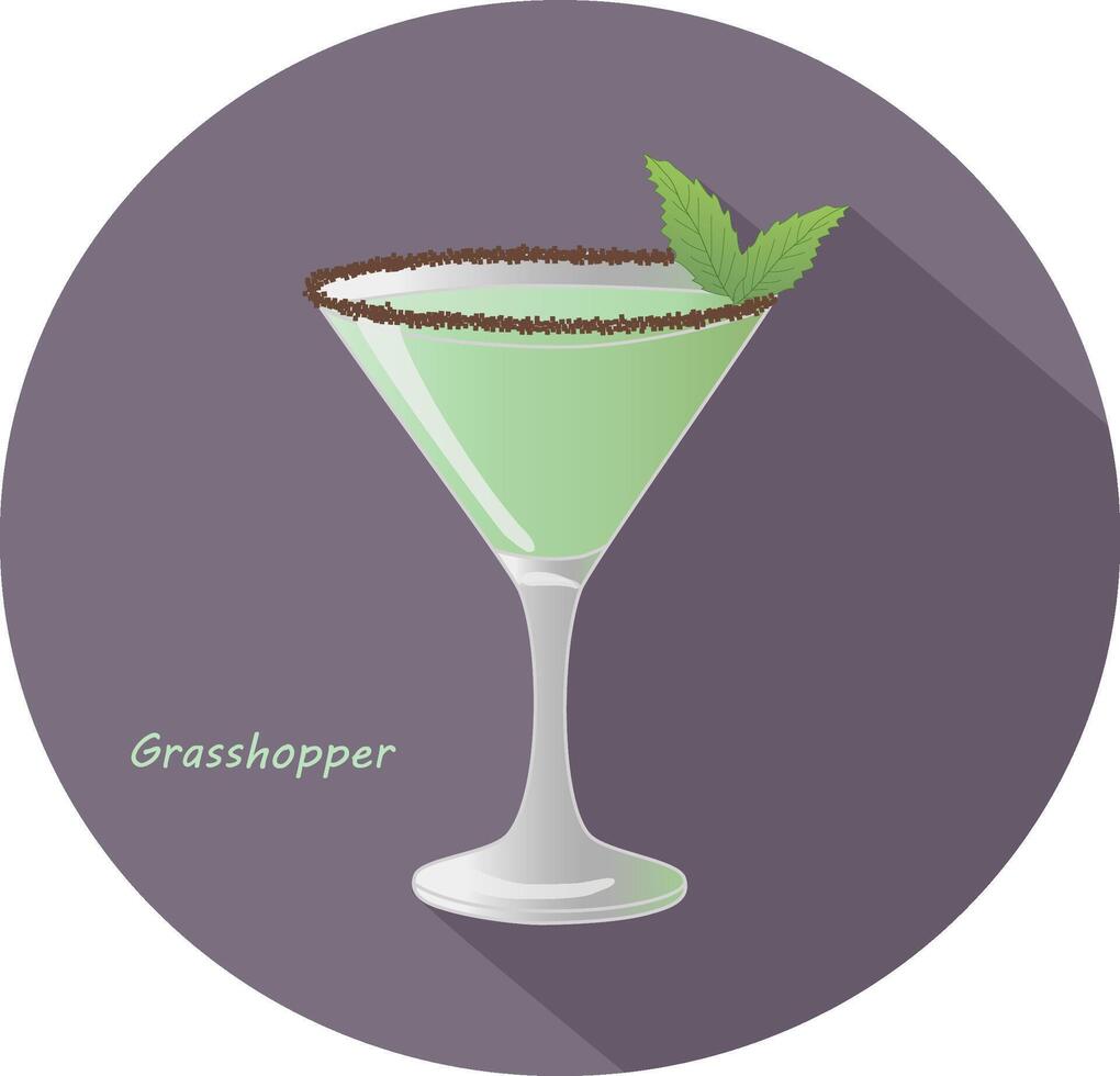 hand dragen vektor illustration av gräshoppa - amerikan ljuv, smaksatt med mynta, efter middagen alkohol cocktail med mynta löv och choklad, i en violett cirkel med lång skugga och text. bar meny