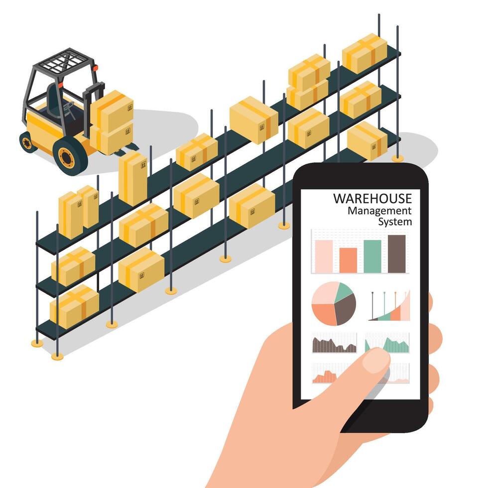 Clever Warenhaus Verwaltung System app.worker Hand halten Telefon mit Warenhaus Steuerung Infografik App. isometrisch Vektor Illustration.