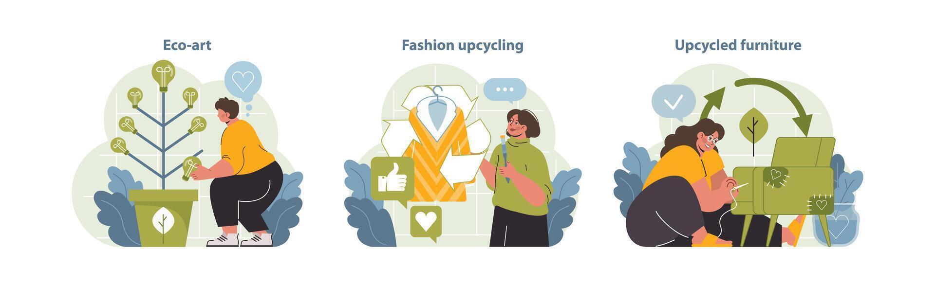 upcycling illustration trio. engagerande visuella visa upp ekokonst skapande. vektor