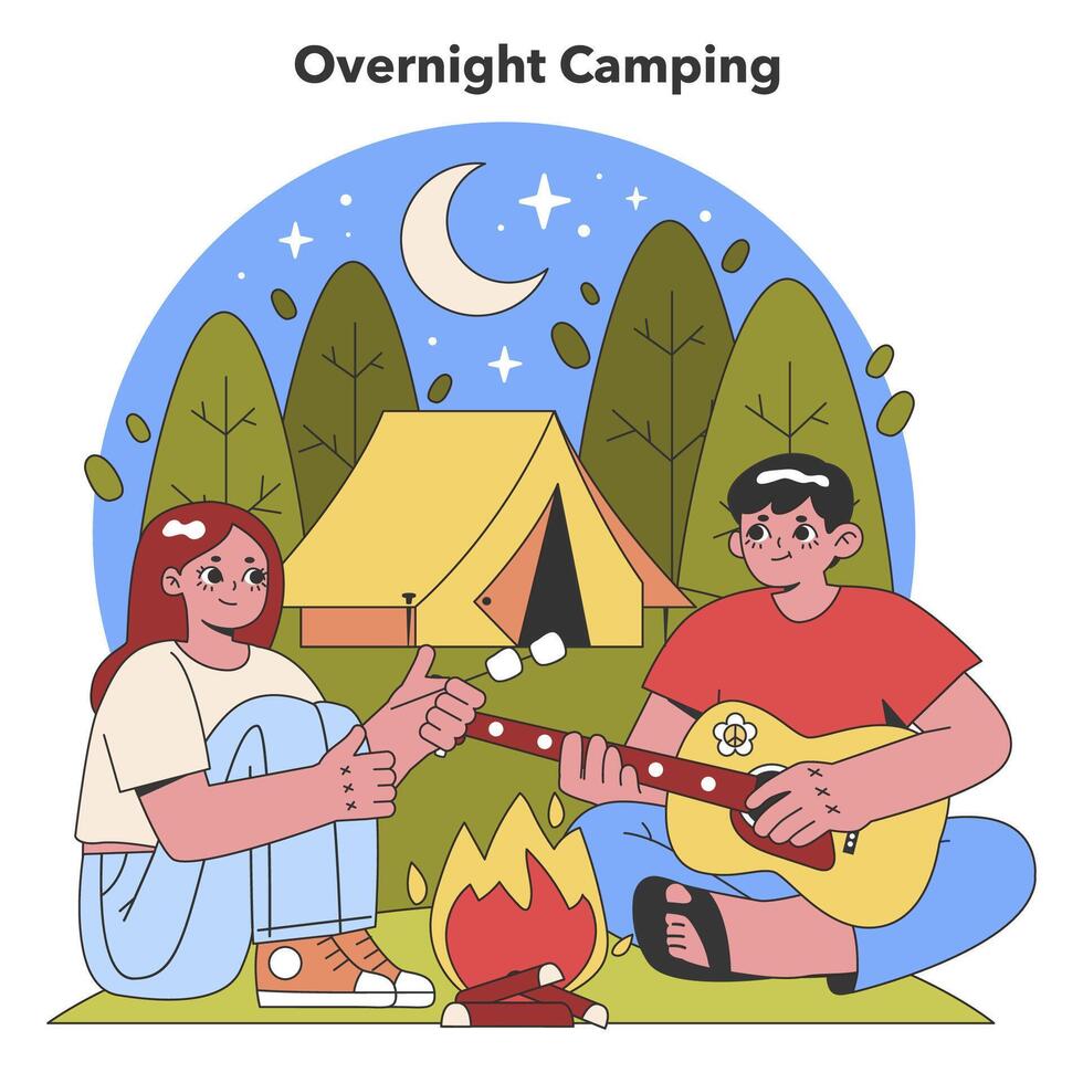 månljus camping erfarenhet. platt vektor illustration