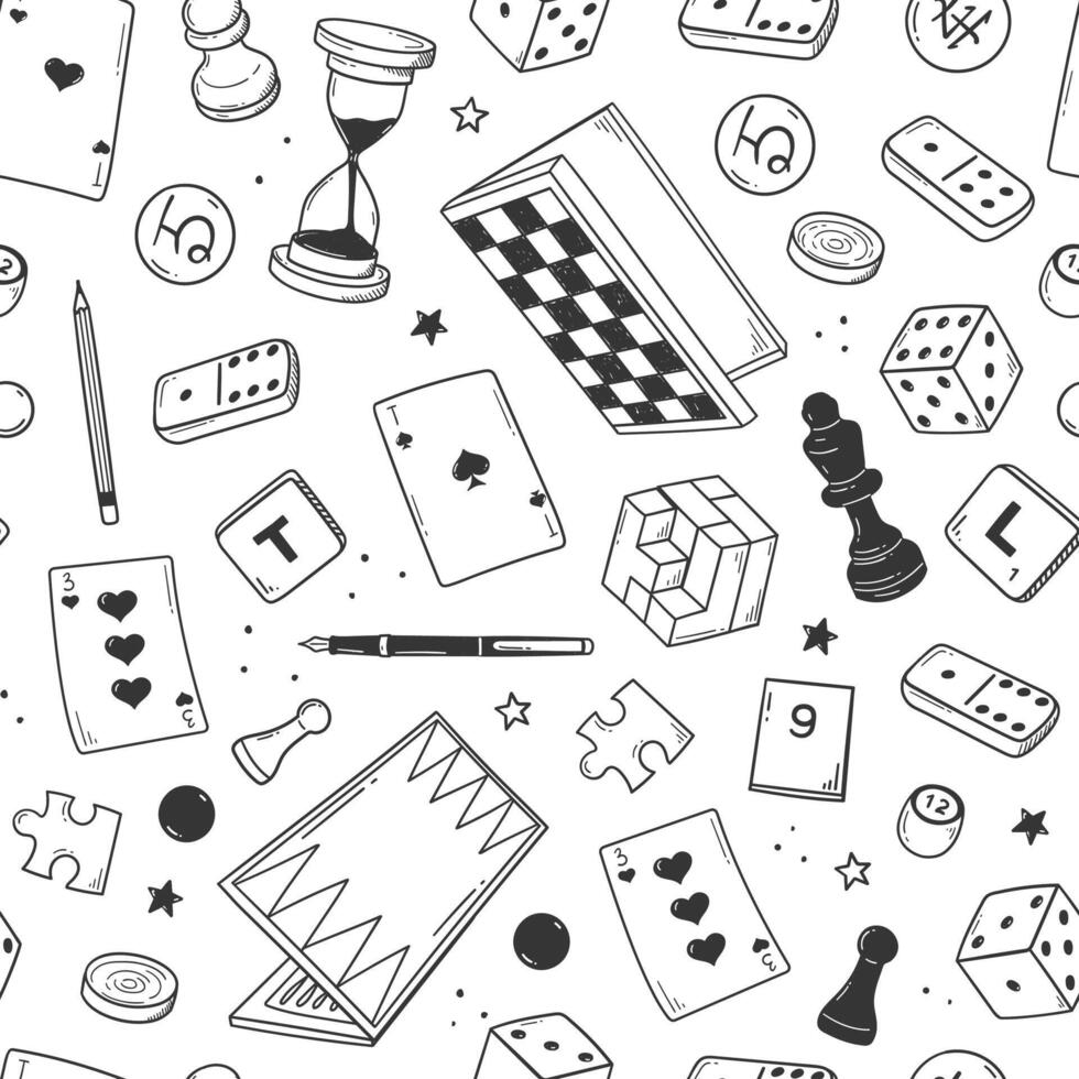 Hand gezeichnet Tafel Spiele Muster. skizzieren Gekritzel von Schach, Dame, gehen, Domino, spielen Karten, Scrabble, Backgammon isoliert auf Hintergrund. vektor
