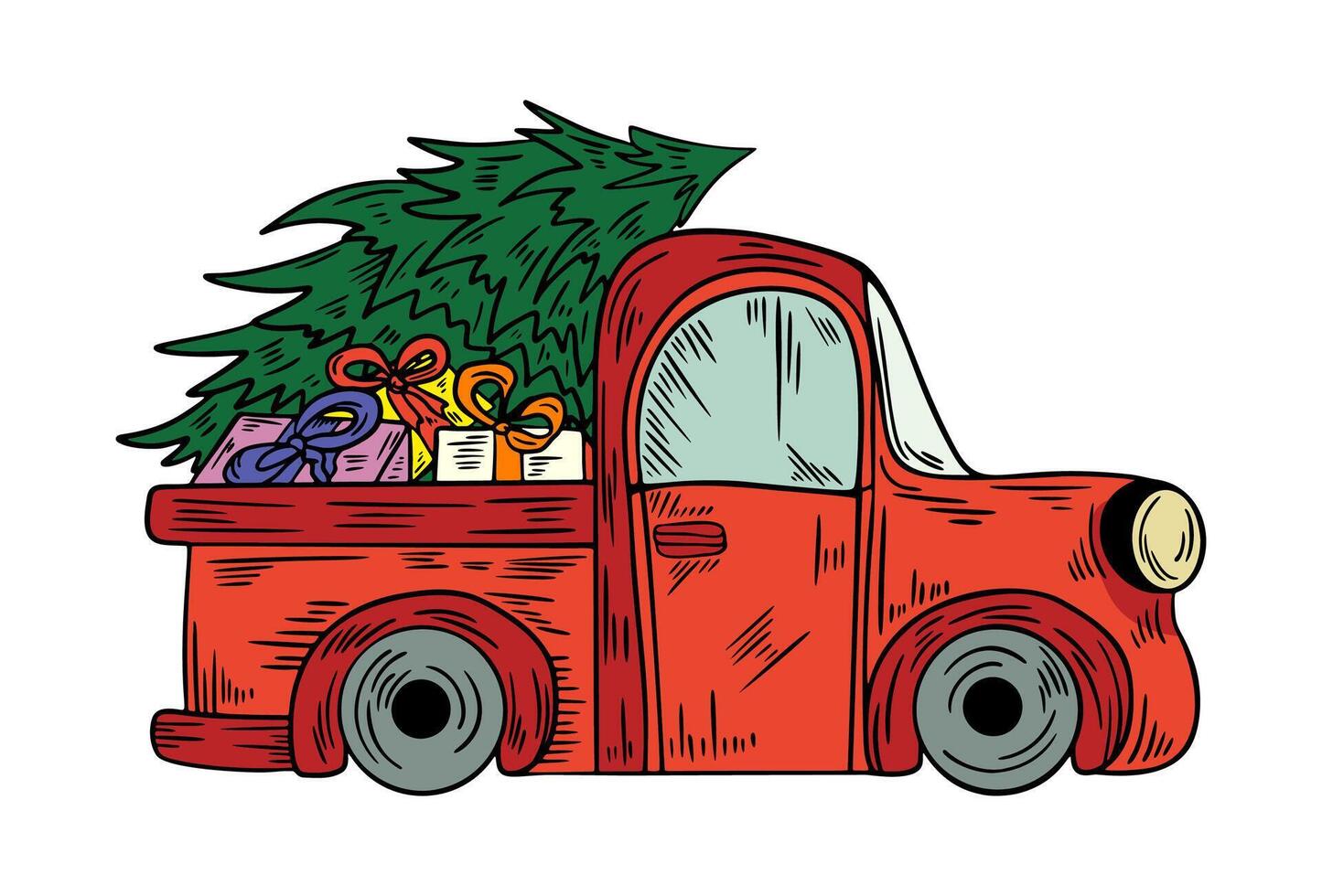 Hand gezeichnet Scheiße Auto mit Weihnachten Baum und Geschenk Kisten vektor