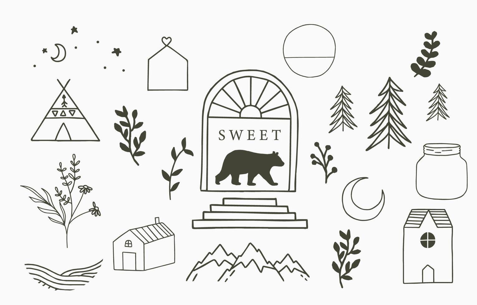 Camping Symbol Sammlung mit wild, natürlich, Tier, Blume, Kreis.Vektor Illustration zum Tätowierung, Accessoires und Innere vektor