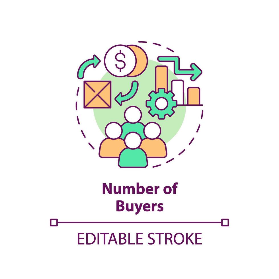 siffra av köpare mång Färg begrepp ikon. potential köpare leder till högre efterfrågan för varor. runda form linje illustration. abstrakt aning. grafisk design. lätt till använda sig av i broschyr marknadsföring vektor