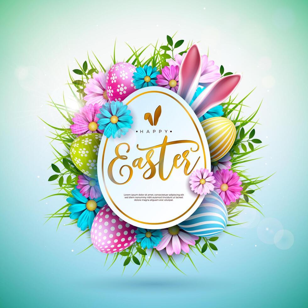Vektor Illustration von glücklich Ostern Urlaub mit gemalt Eierkaninchen Ohren und Frühling Blume auf glänzend Licht Blau Hintergrund. International Feier Design mit Hase gestalten und Typografie zum Gruß