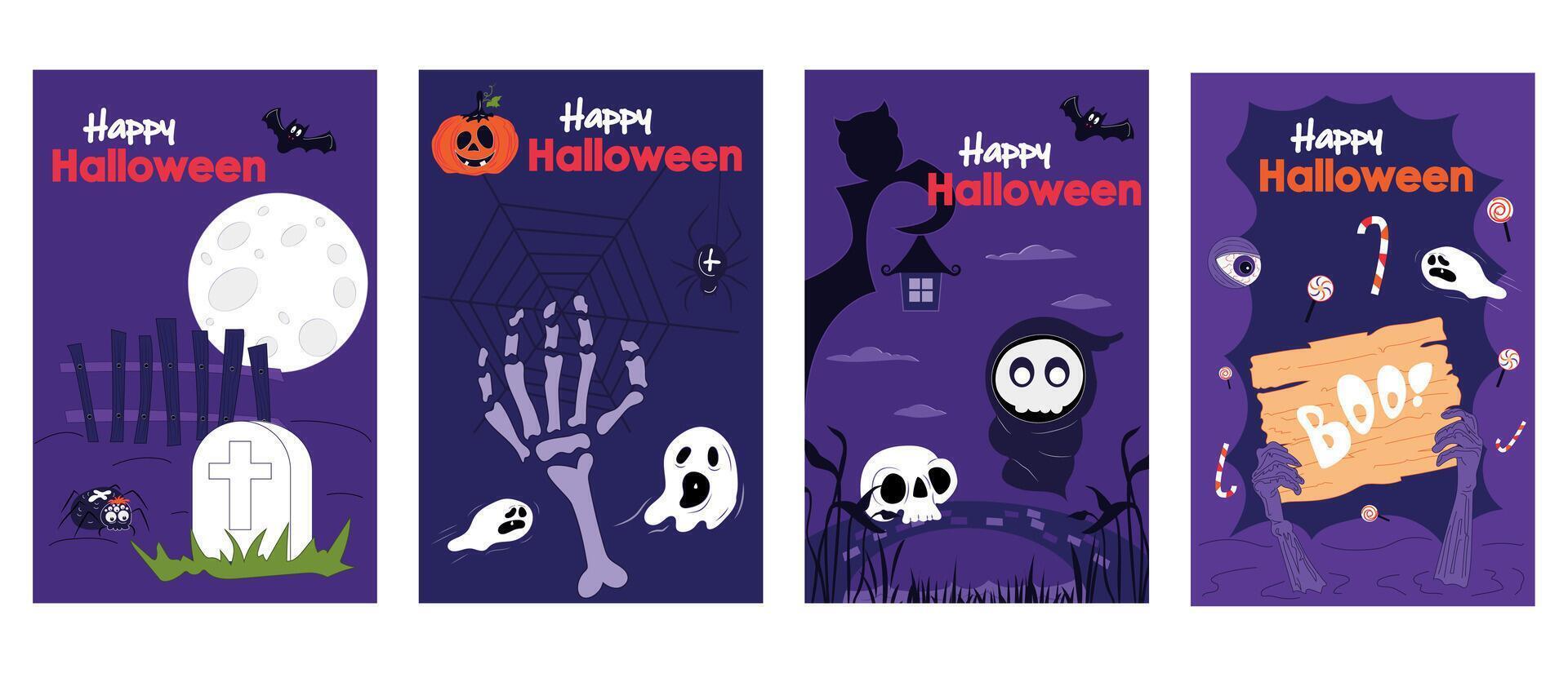 halloween Semester omslag broschyr uppsättning i trendig platt design. affisch mallar med kuslig gravsten och måne, flygande fladdermöss och spöken, död och skallar, lura eller behandlar godis. vektor illustration.