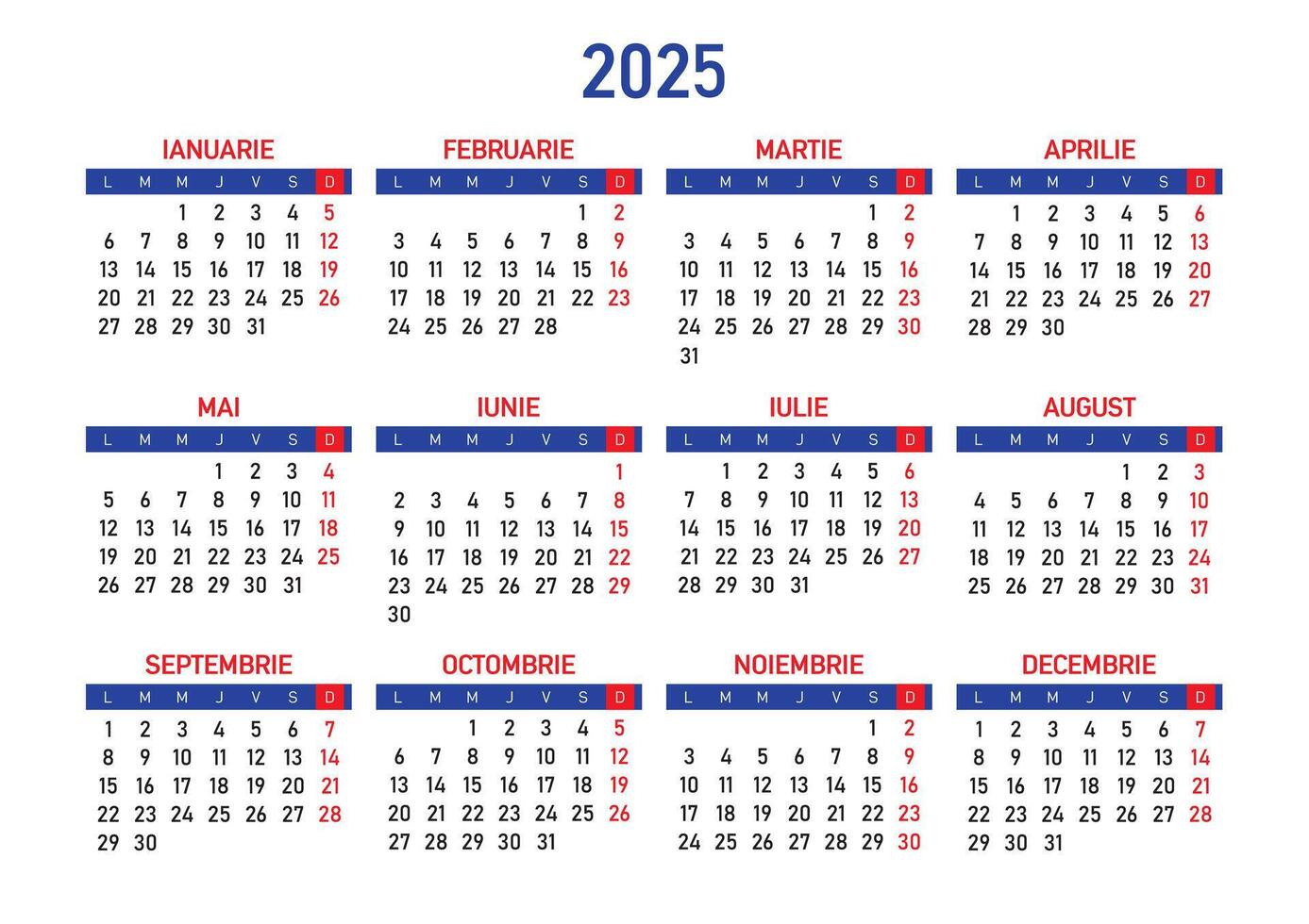 Kalender 2025 im rumänisch Sprache, beginnend von Montag, kostenlos eps vektor