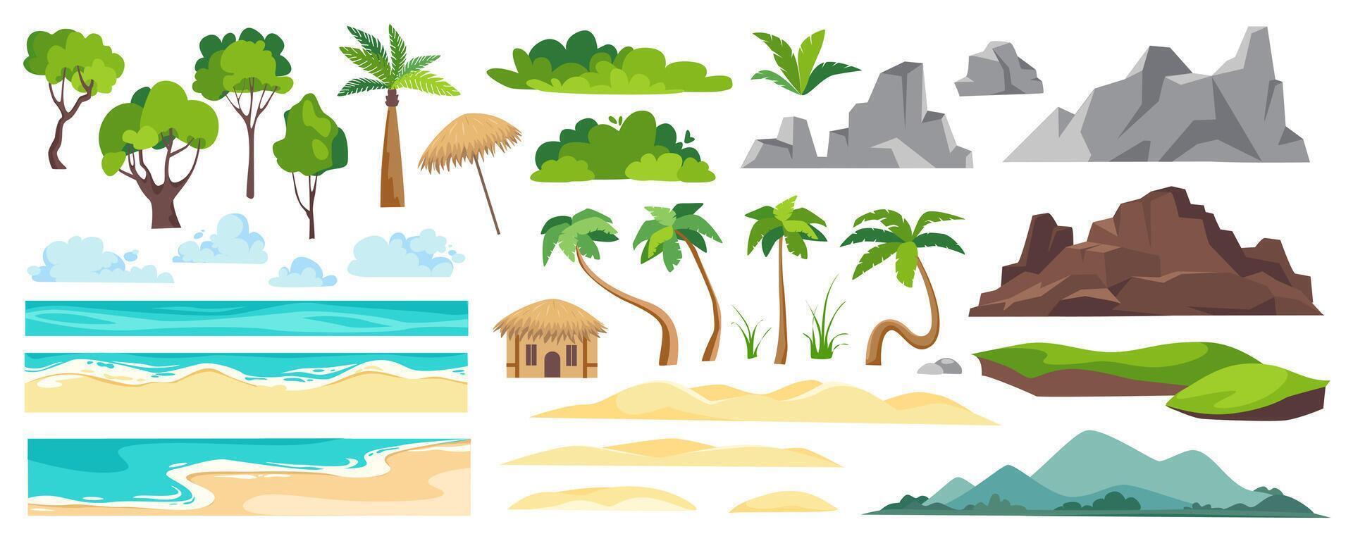 Strand Landschaft Elemente Konstrukteur Mega einstellen im eben Grafik Design. Schöpfer Kit mit tropisch Palme Bäume, Grün Gebüsch, Ozean Sand Küsten, Wolken, Berge, Resort Bungalow. Vektor Illustration.