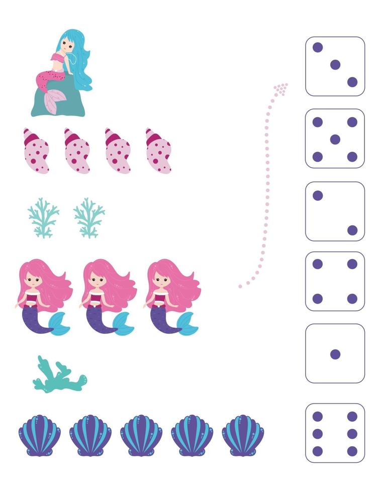 Meerjungfrauen. Arbeitsblatt für den Mathematik- und Rechenunterricht. Vektor. vektor
