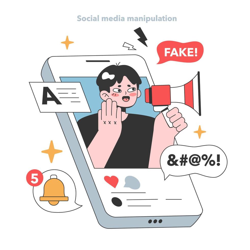 ung man på smartphone skärm motbevisar lögner, skildrar de växande problem av social media manipulation och de spridning av falsk Nyheter. platt vektor illustration