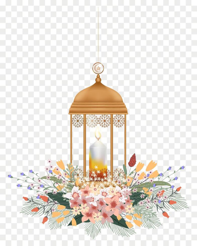 islamic lykta med ljus isolerad, guld årgång lysande lykta arabicum lysande lamps.vector 3d lampa med blomma, element design för ramadan kareem, eid mubarak, eid al fitr,eid Adha vektor
