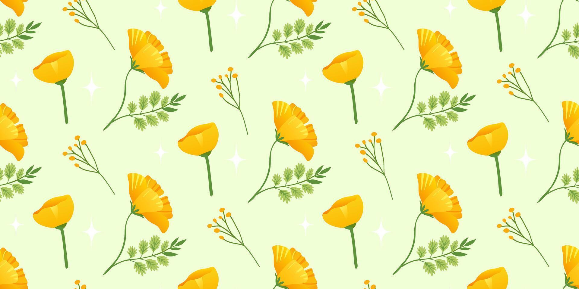 horizontal Hintergrund mit Gelb Blumen. nahtlos Blumen- Muster. Gelb Blumen von echscholtzia. Kalifornien golden Mohn. Vektor Illustration.