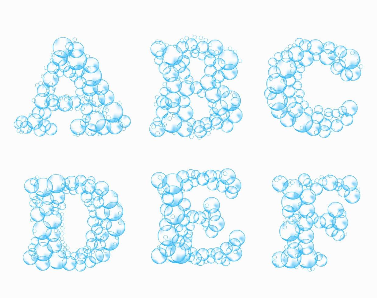 alfabetet av såpbubblor. vattenlödder bokstäverna a, b, c, d, e, f. realistisk vektor teckensnitt isolerad på vit bakgrund