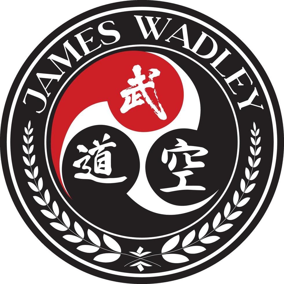 ein schwarz und rot Emblem mit das Wörter James Wadley, kriegerisch Kunst Logo, jiu Jitsu Logo, mma Logo, Karate Logo, Taekwondo Logo, Judo Logo, Kung fu Logo, Brasilianer Jiu-Jitsu Logo, muay thailändisch Logo vektor