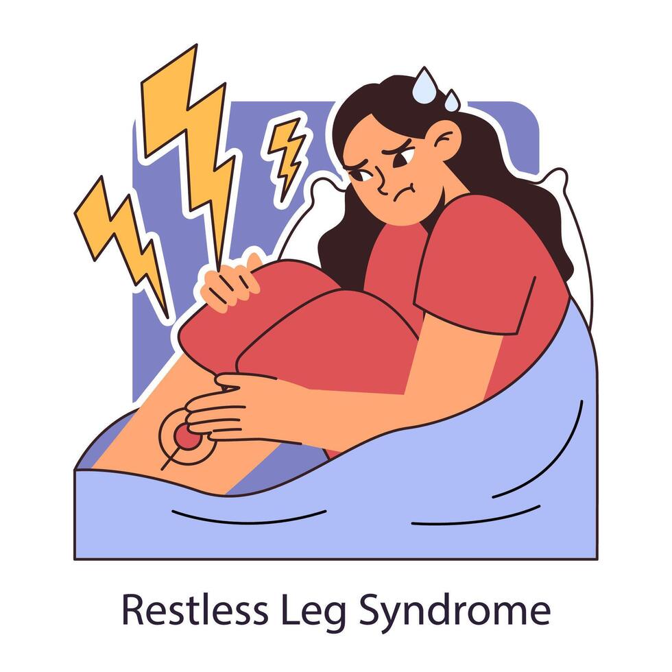 unruhig Beine Syndrom oder rls. Nachtzeit Problem. Schlaflosigkeit Mann mit beunruhigend vektor