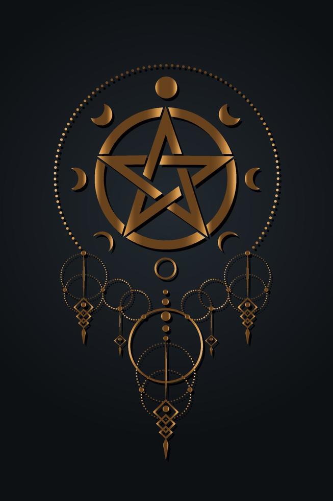 pentacle cirkel symbol och faser av månen. boho stil wiccan symbol, fullmåne, avtagande, vaxning, första kvartalet, gibbous, halvmåne, tredje kvartalet. vektor mystisk logotyp isolerad på svart bakgrund