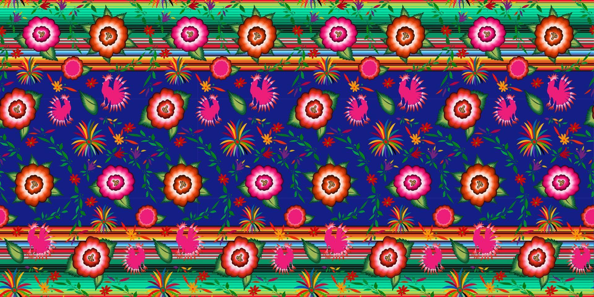 nahtloses mexikanisches Blumenstickmuster, bunte einheimische Blumen-Volksmode-Design. Bestickter traditioneller Textilstil von Mexiko, Farben gestreift, Vektor auf blauem Hintergrund isoliert