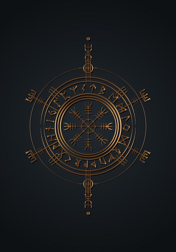 viking hednisk asatru runkompass, vegvisir runcirkel vikingnordisk mytologi. gyllene skyddande talisman. magisk navigatorkompass för vandringen. vektor isolerad på svart bakgrund