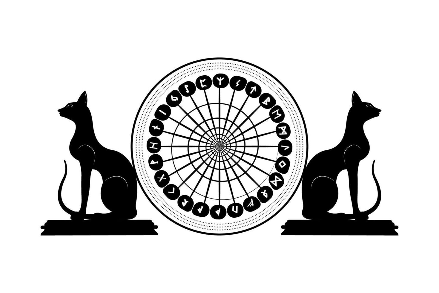 uppsättning gamla norrländska runor cirklar och heliga svarta katter. runhjulets alfabet, futhark. antika ockulta vikingakaraktärer bokstäver, runtypsnitt. helig spiralkompass. vektor isolerad på vit bakgrund