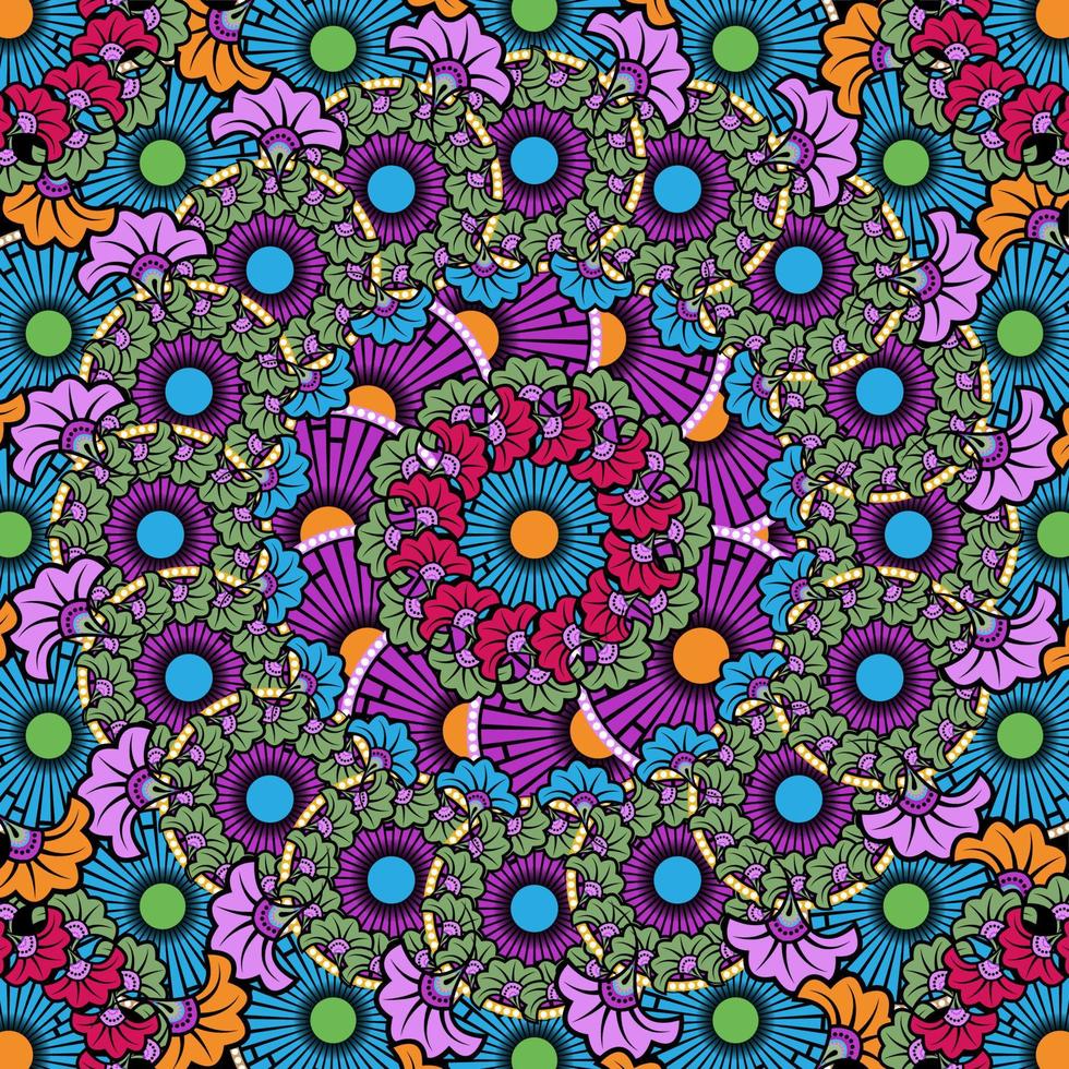 mandala tyg med afrikansk vaxtryck, etnisk handgjord prydnadsmodedesign, etniska afroblommor och stammotiv geometriska element. vektor färgglada konsistens, afrika textil ankara stil bakgrund