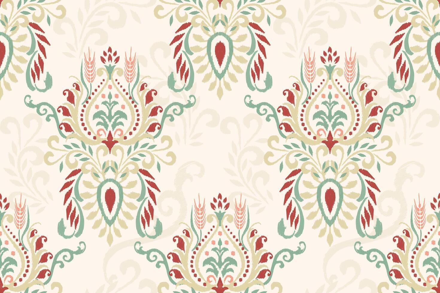 Ikat Blumen- nahtlos Muster auf Weiß Hintergrund Vektor Illustration.ikat orientalisch Stickerei.aztekisch Stil, Hand gezeichnet, barock Musterdesign zum Textur, Stoff, Kleidung, Dekoration, Sarong, Mode Frauen.