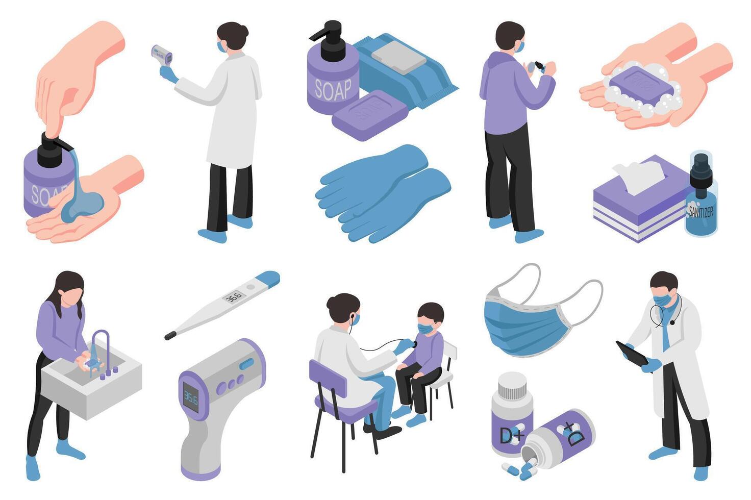 medicinsk isometrisk element konstruktör mega uppsättning. skapare utrustning med platt grafisk tvättning händer, tvål, termometrar, handskar, desinficeringsmedel, masker, behandling piller. vektor illustration i 3d isometri design