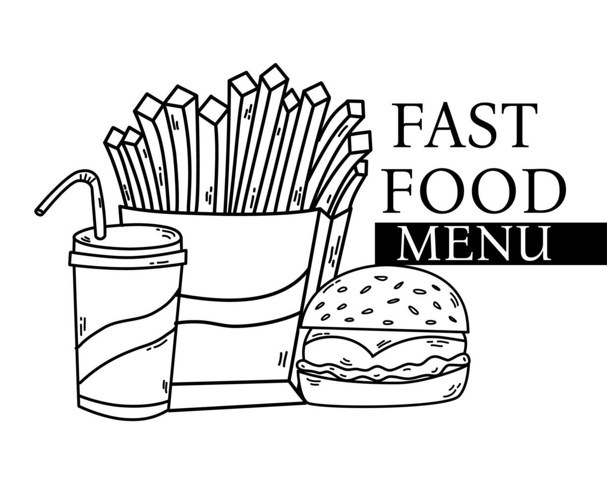 schnell Essen Lieferung .Jahrgang Hand gezeichnet skizzieren, Vektor Abbildung.Hamburger, Französisch Fritten, Limonade.