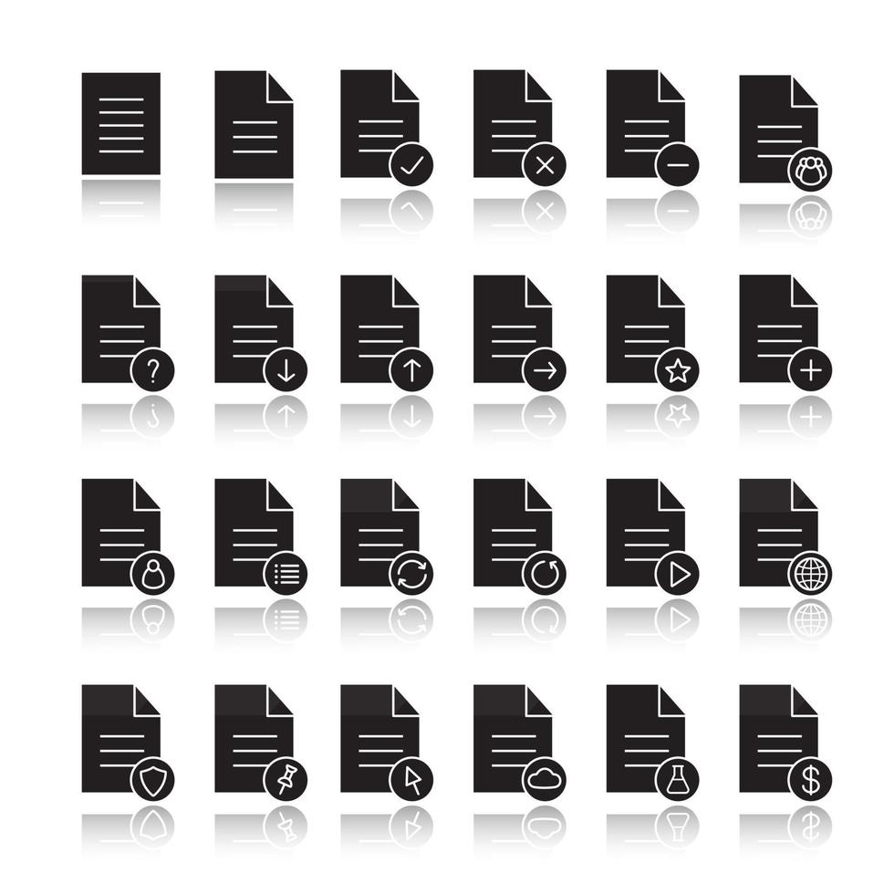 dokument skugga svart glyf ikoner set. statistik, sjukförsäkring och test, kontrakt, godkänt dokument. skicka, fästa, ladda upp, ladda ner fil. isolerade vektorillustrationer vektor