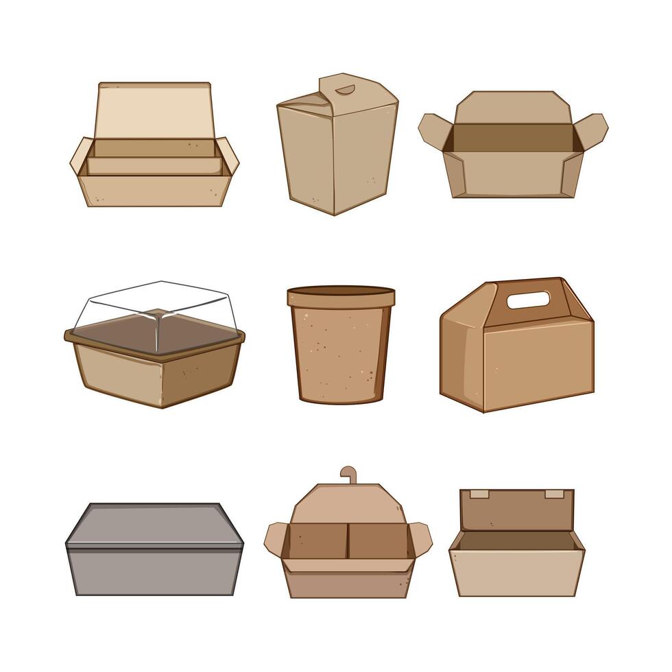 mat låda till gå uppsättning tecknad serie vektor illustration