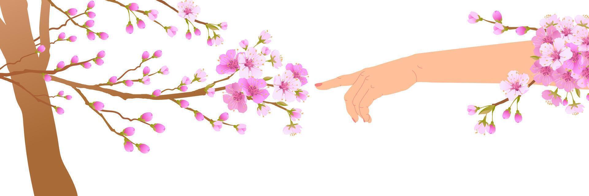 das Blumen auf das Geäst von das Kirsche Baum Start zu blühen beim das berühren von ein Hand. das Konzept von das Ankunft von Frühling und das Erwachen von Natur nach Winter. Vektor Illustration.