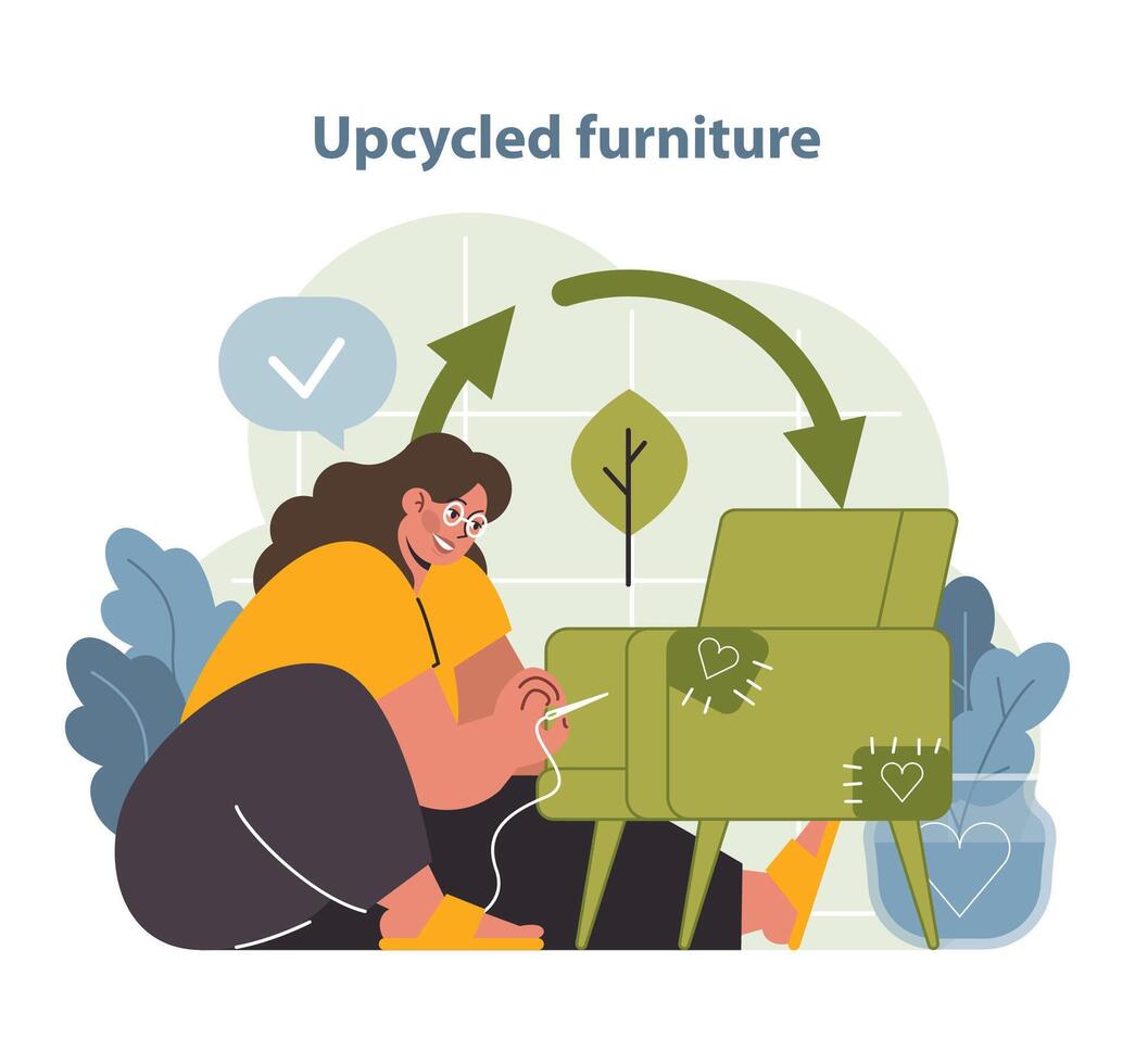 upcycled möbel vektor illustration. ett entusiastisk person lägger till.