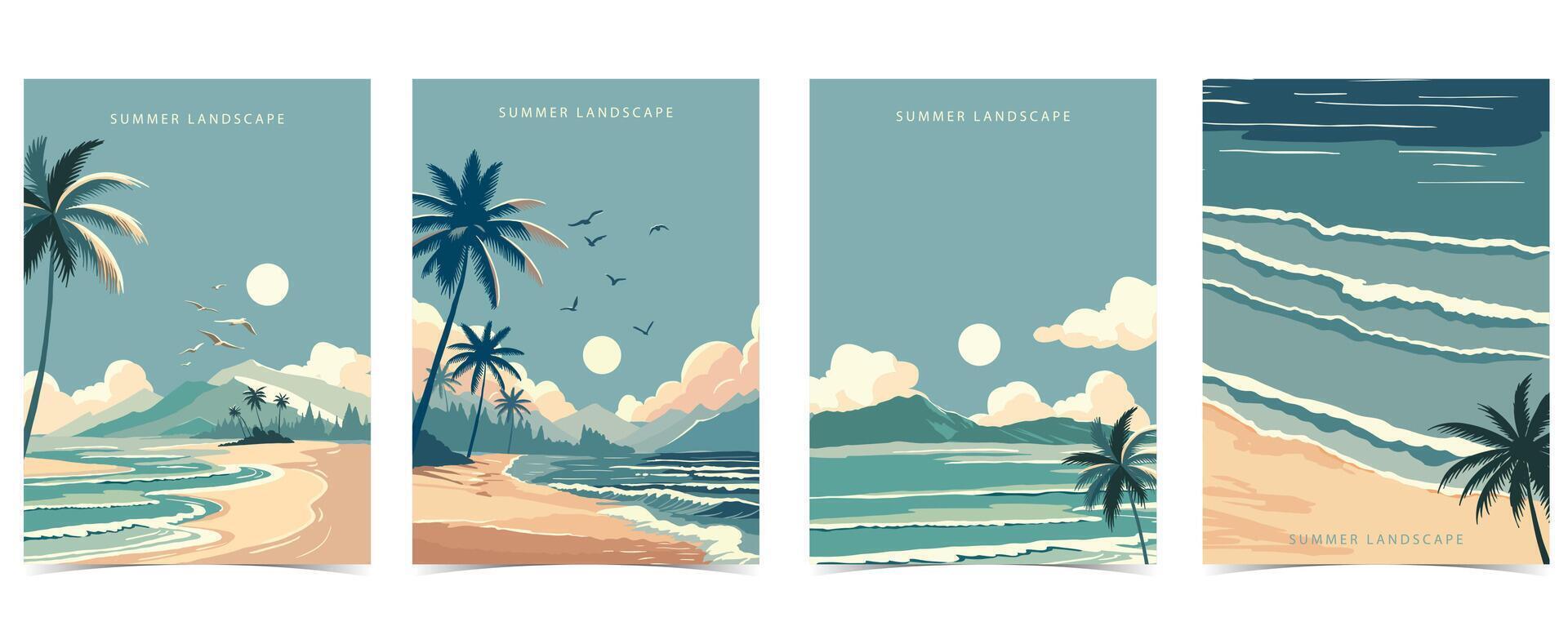 Strand Hintergrund mit Meer, Sand, Himmel. Illustration Vektor zum a4 Seite Design