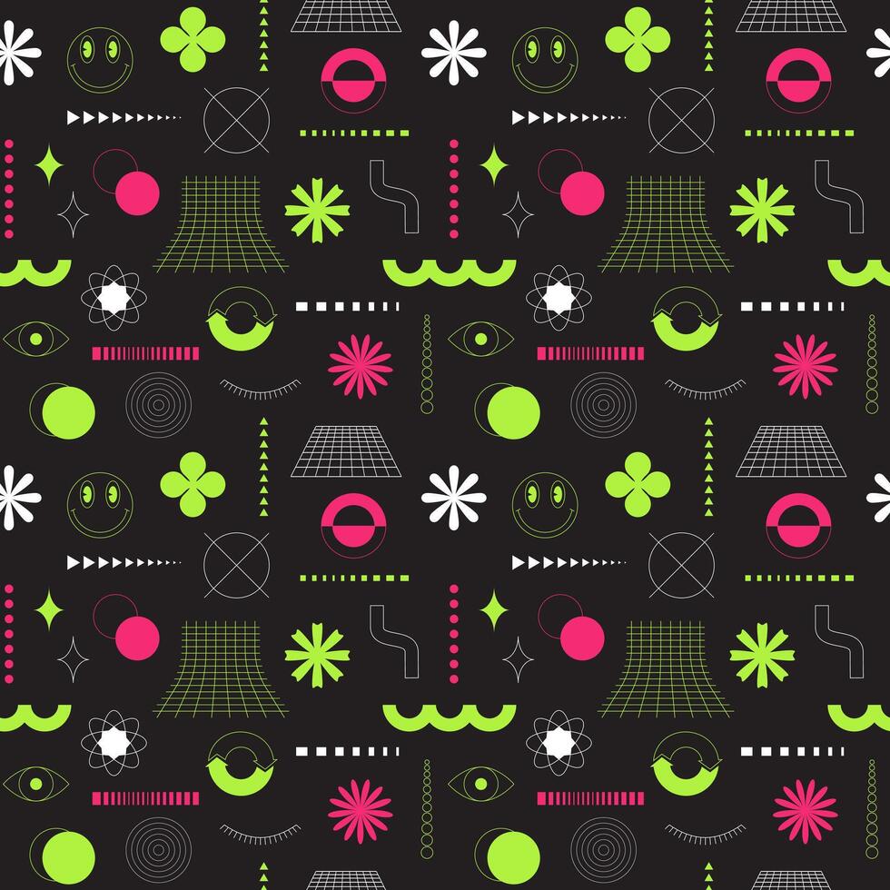 rosa och grön sömlös mönster med neon sura abstrakt geometrisk, djärv, linjär former. brutalism, retro futurism stil. inspirerad. för webb design, täcker, textil. vektor illustration på svart