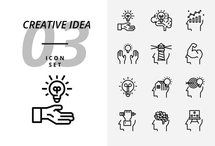 Ikon pack för kreativ idé, brainstorm, idé, kreativ, lampa, vetenskap, penna, penna, affär, graf, hem, mål, lån, nyckel, raket, hjärna. vektor