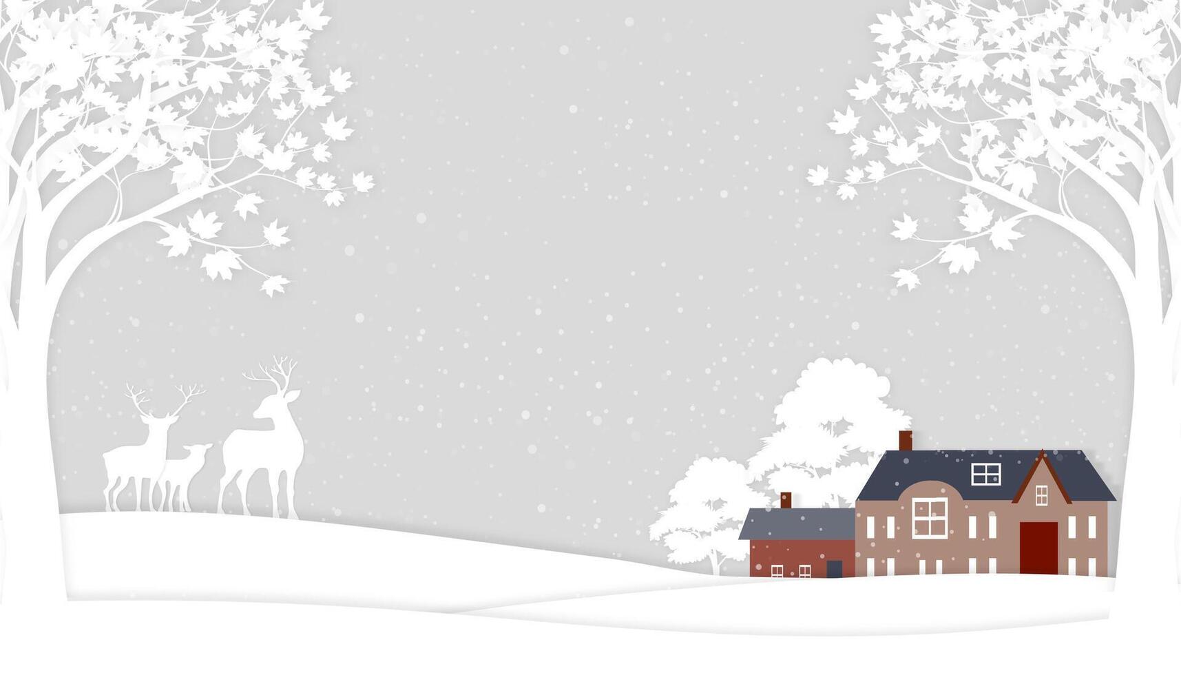 Weihnachten Hintergrund, Papier Schnitt Winter Landschaft mit schneebedeckt auf Wald Baum mit Rentier Familie und Berg, Konzept zum Weihnachten oder Neu Jahr Karte 2025 vektor