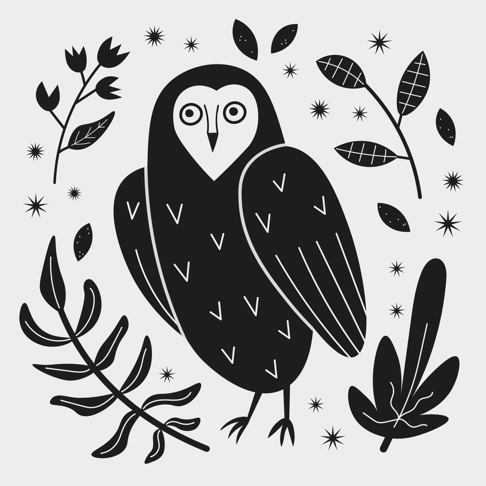 Eule Vogel eben Folklore Vektor Illustration Hand gezeichnet Design zum glücklich Eule Tag, Halloween. süß Märchen Tier und Natur wild Fauna, mystisch Weisheit Symbol zum drucken, Poster, Karte, Flyer, Symbol Logo