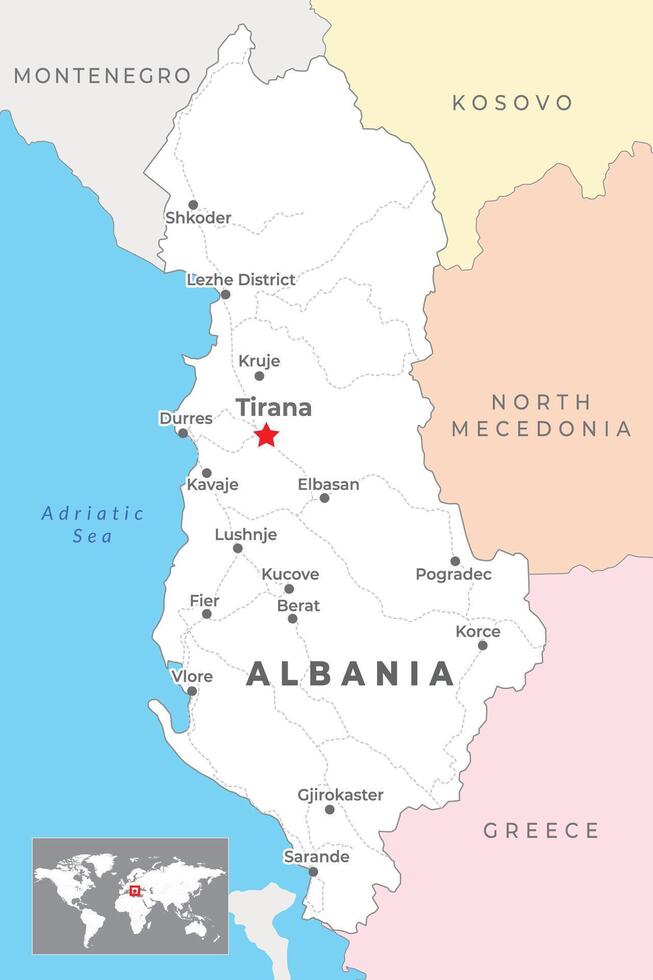 albania Karta med huvudstad tirana, mest Viktig städer och nationell gränser vektor