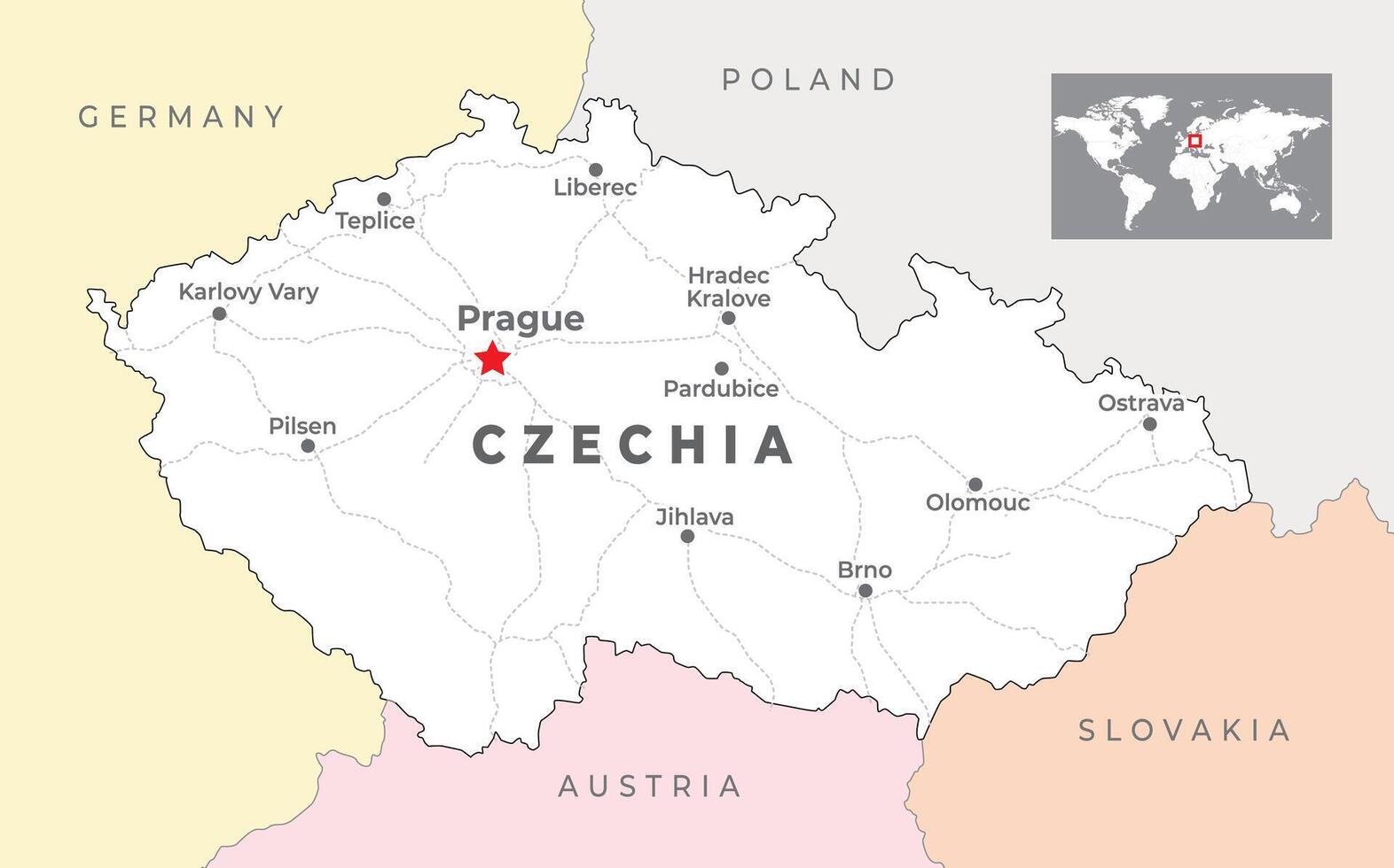 Tschechisch Republik politisch Karte mit Hauptstadt Prag, die meisten wichtig Städte und National Grenzen vektor