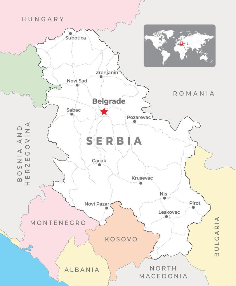 Serbien politisch Karte mit Hauptstadt Belgrad, die meisten wichtig Städte und National Grenzen vektor