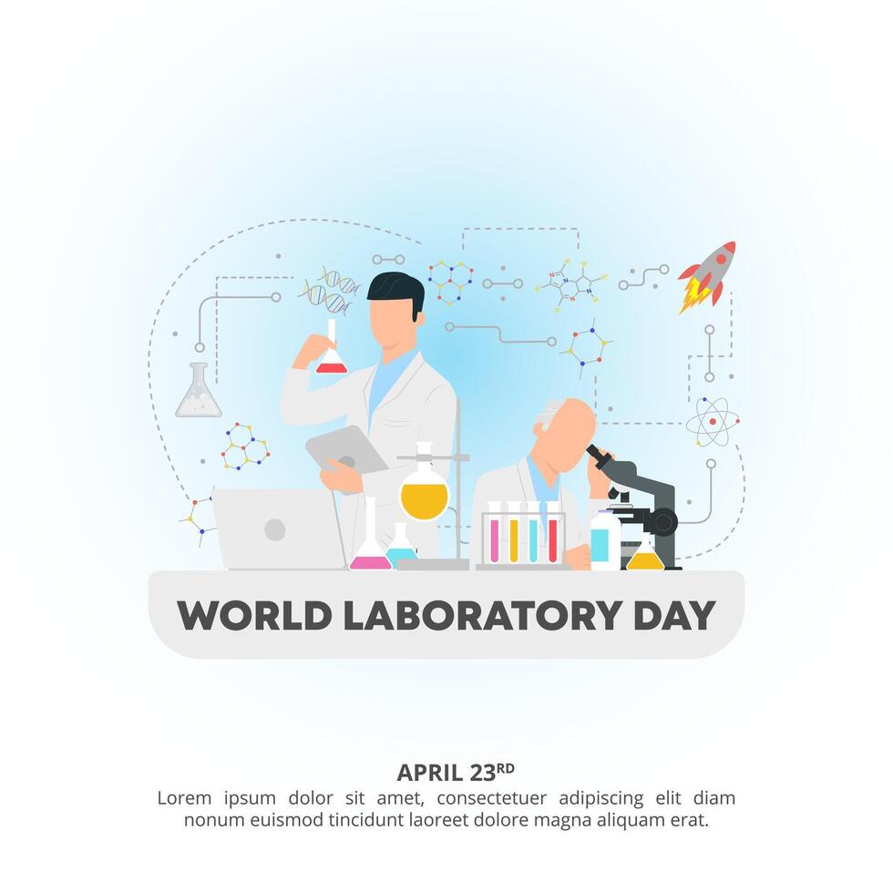 värld laboratorium dag bakgrund med vetenskapsmän i en laboratorium vektor