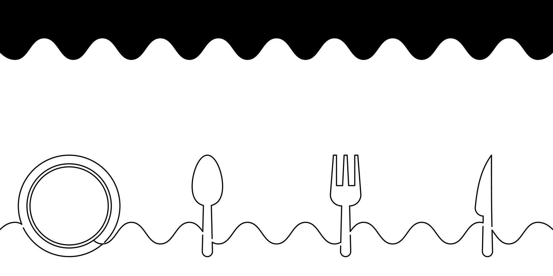 linje konst av tallrik, sked, gaffel och kniv ikoner. vektor isolerat på vit bakgrund. fri kopia Plats design för restauranger eller matställen.