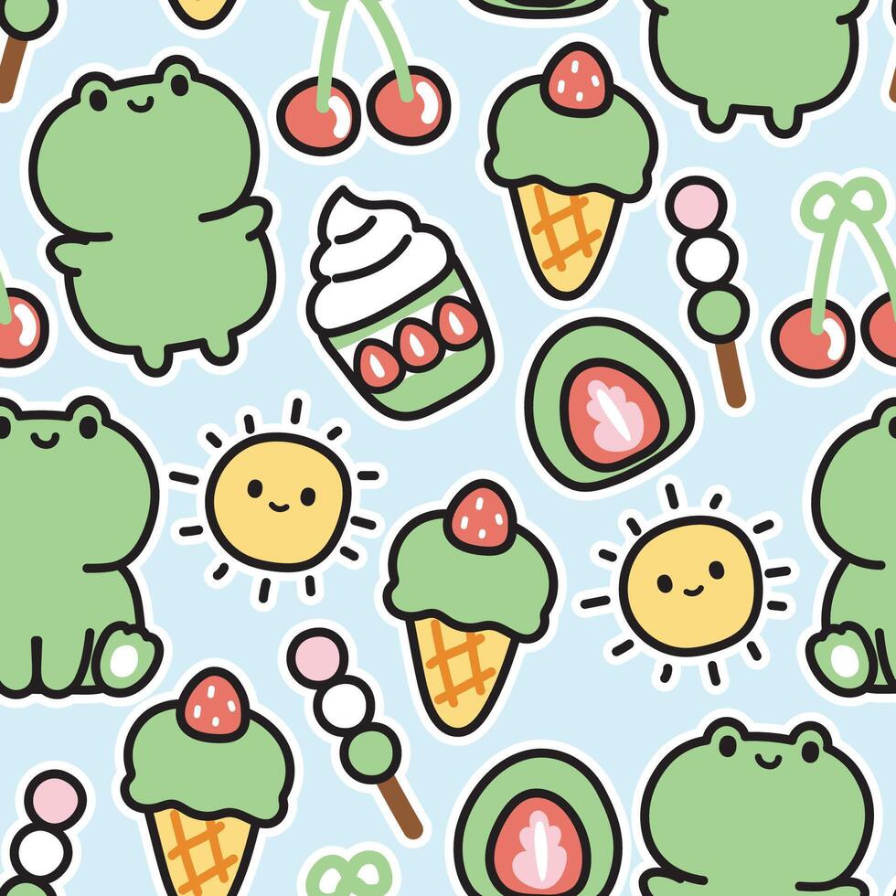 nahtlos Muster von süß Frosch mit Süss und Dessert Hintergrund.Reptil Tier Charakter Karikatur design.japanisch Dessert, Sonne, Eis Sahne, Kirsche, Erdbeere Hand gezeichnete.kawaii.vektorillustration. vektor