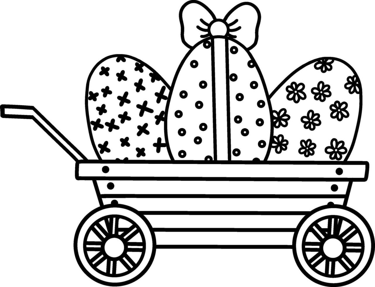 Ostern Eier im das Wagen. Garten Ostern hölzern Schubkarre. Kontur Illustration. Wohnung, cartoonartig, isoliert. Vektor Illustration zum Ostern.